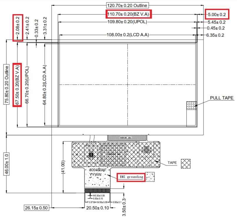 Mechanical Drawing - Newhaven Display NHD-5.0-800480AF TFT Liquid Crystal Displays